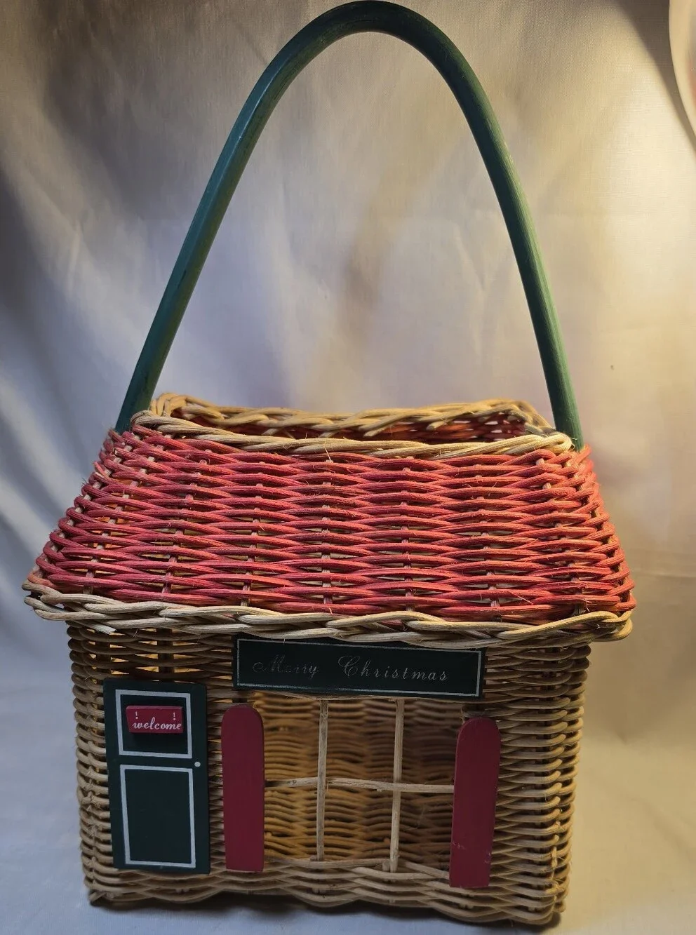 Vintage Wicker Christmas House Basket Holiday Cottage Decor Village Large 18”
